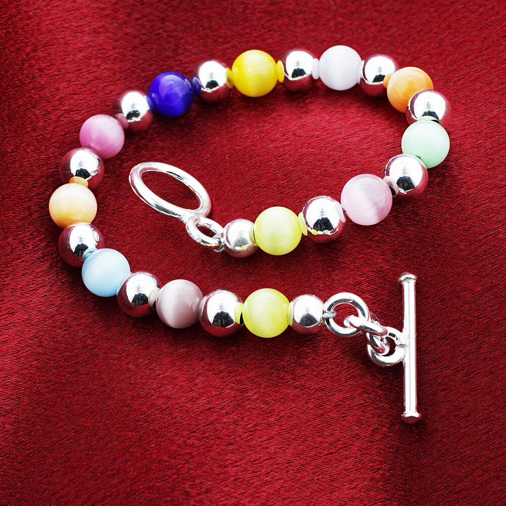 925 Sterling Silver Multicolor Cats Eye Beads Toggle Clasp Bracelets - Gem Avenue