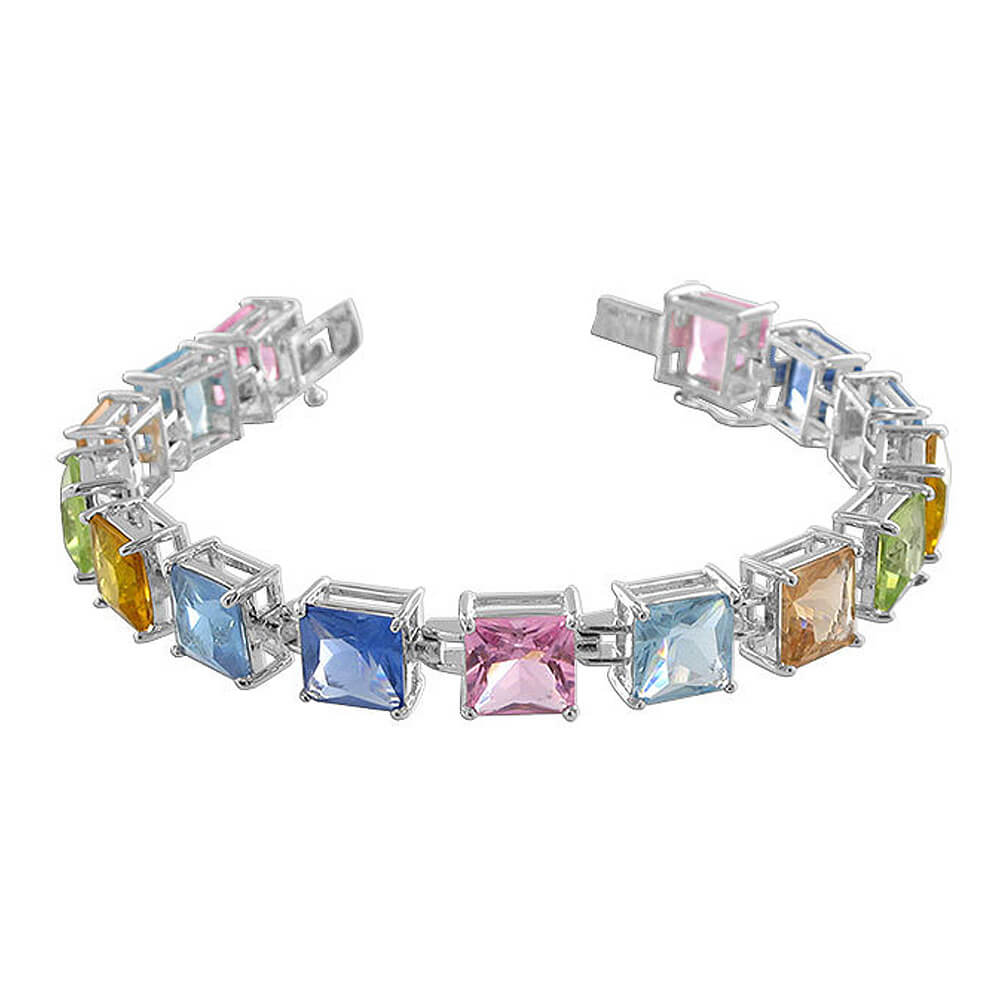 Multicolor CZ 925 Sterling Silver Link Box with Tongue Clasp Bracelet - Gem Avenue