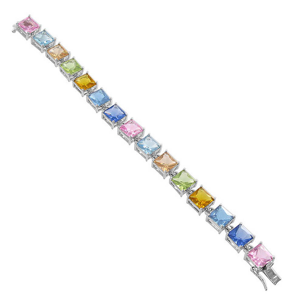 Multicolor CZ 925 Sterling Silver Link Box with Tongue Clasp Bracelet - Gem Avenue