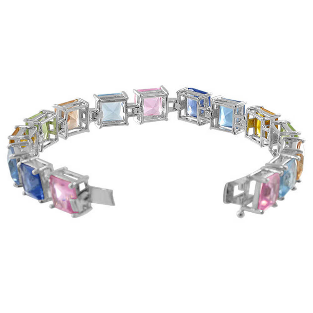 Multicolor CZ 925 Sterling Silver Link Box with Tongue Clasp Bracelet - Gem Avenue