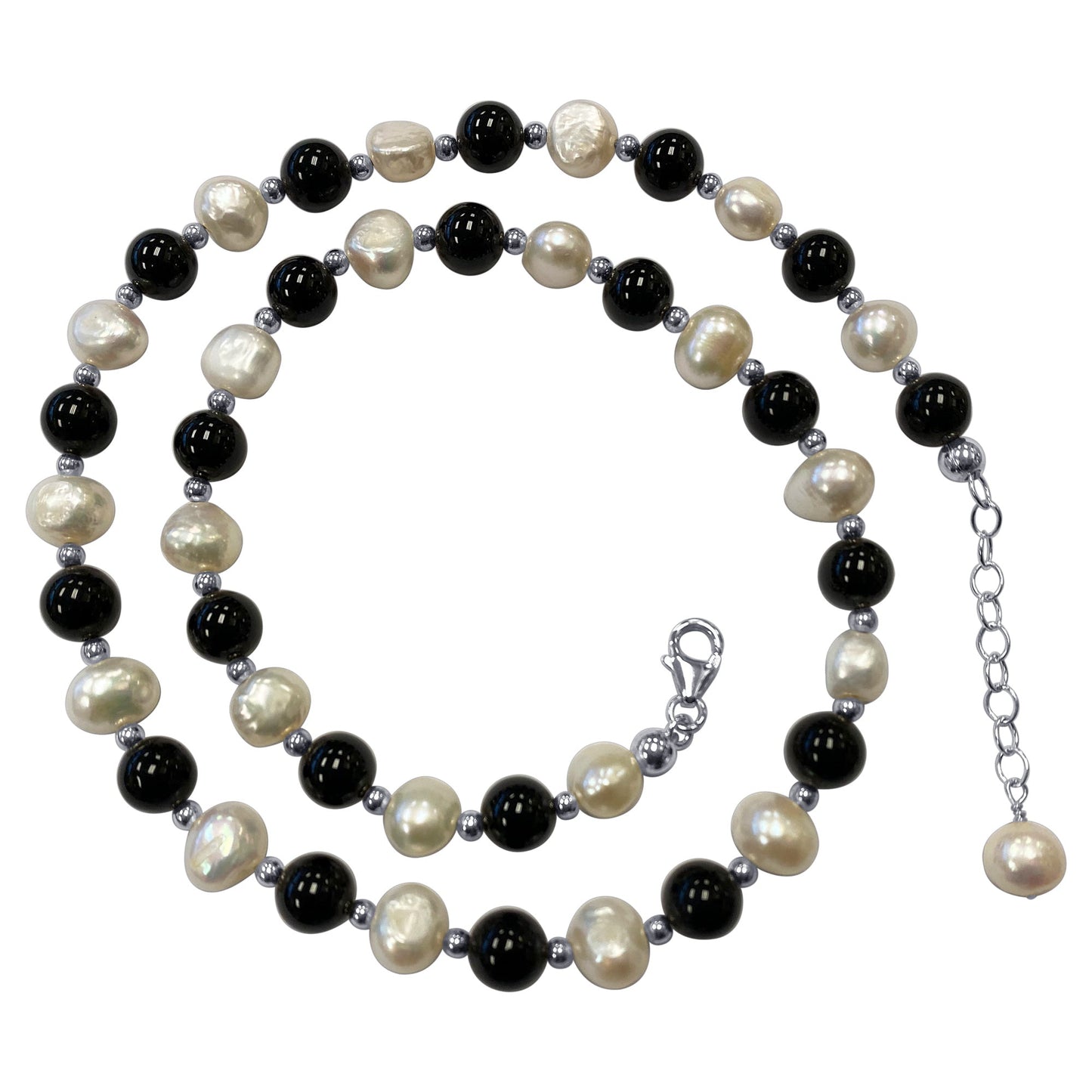 Onyx & Austrian Pearl 925 Sterling Silver Lobster Clasp Necklace - Gem Avenue