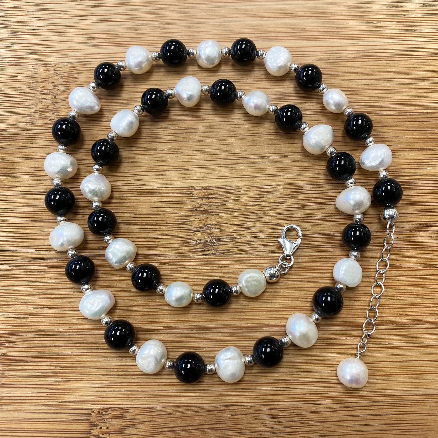 Onyx & Austrian Pearl 925 Sterling Silver Lobster Clasp Necklace - Gem Avenue