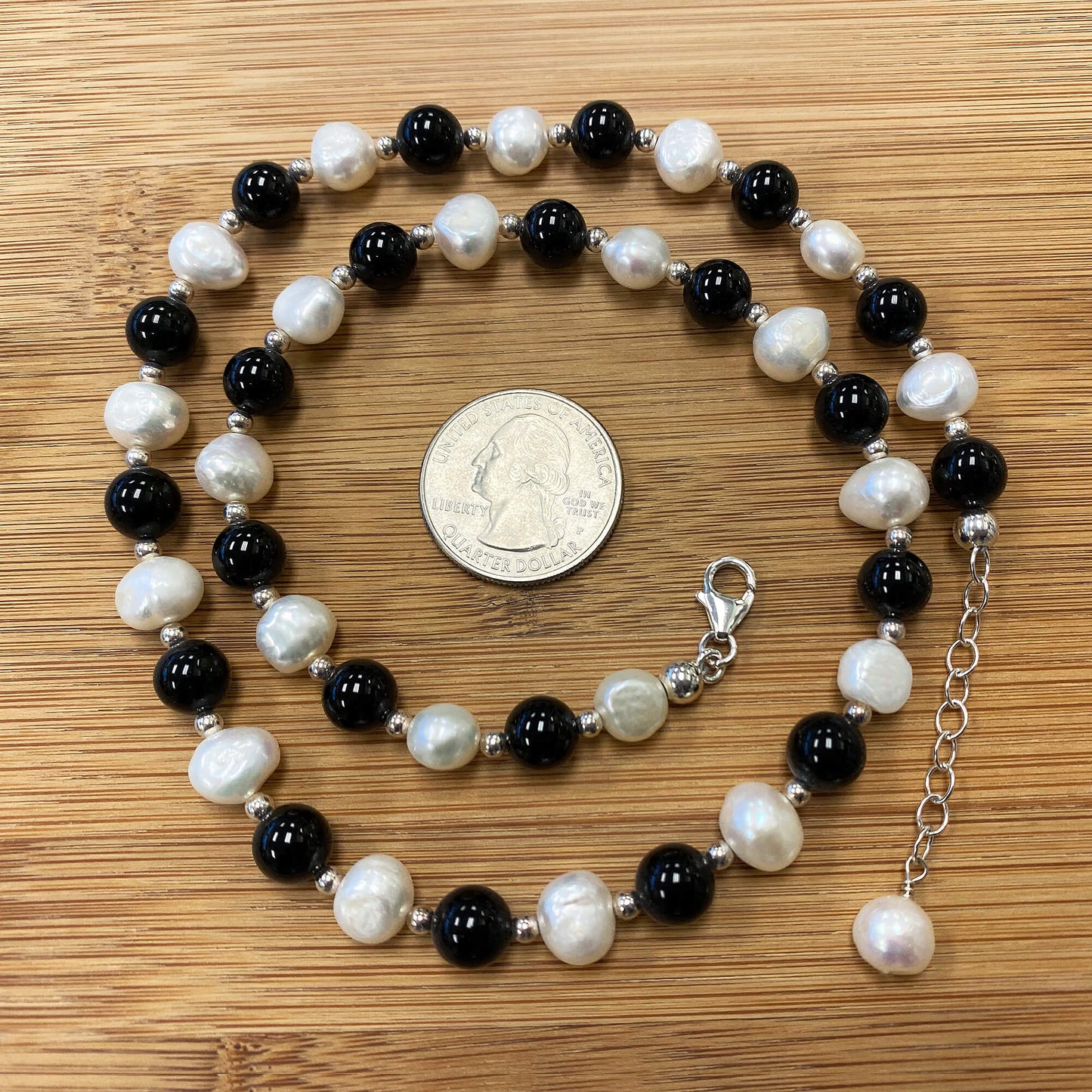 Onyx & Austrian Pearl 925 Sterling Silver Lobster Clasp Necklace - Gem Avenue