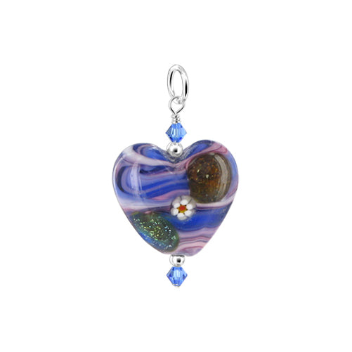 925 Sterling Silver Heart Shaped Pendant with Blown Glass and Austrian Crystals
