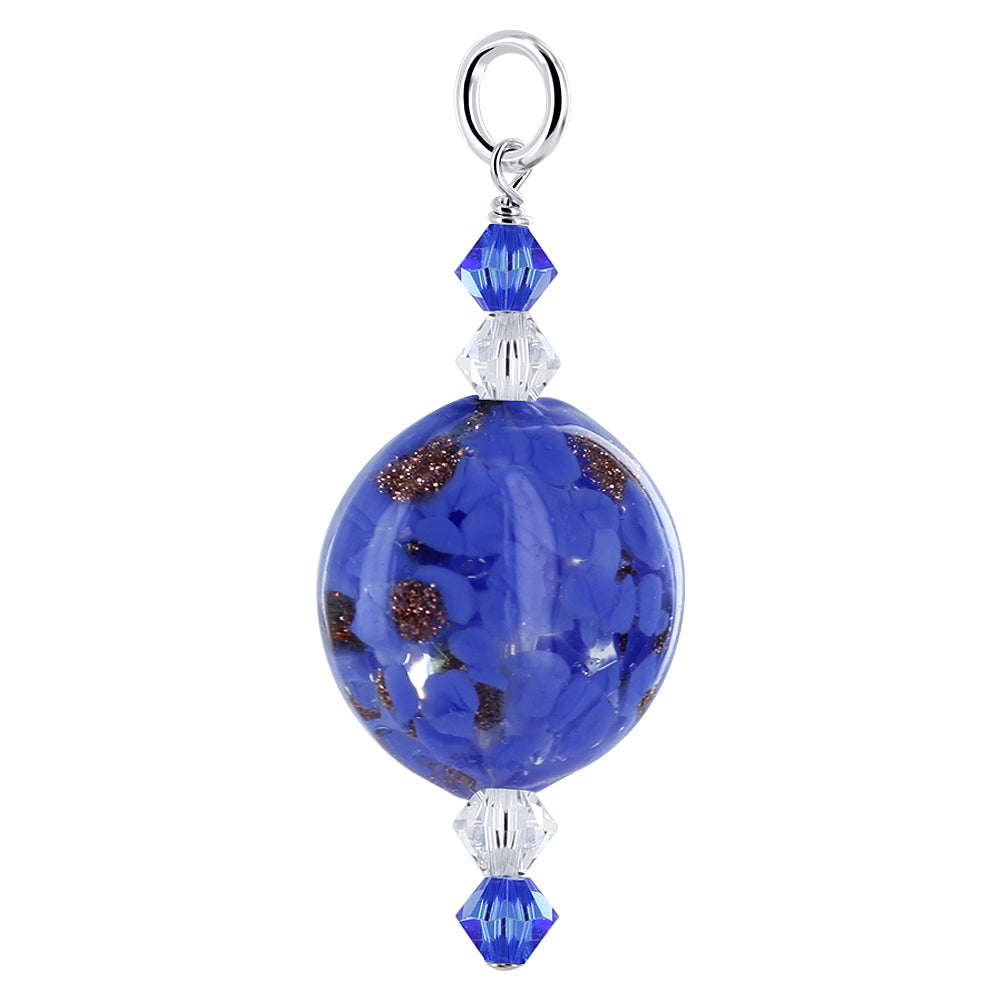 .925 Silver Glass Bead Charm Pendant with Flower Design and Austrian Crystal