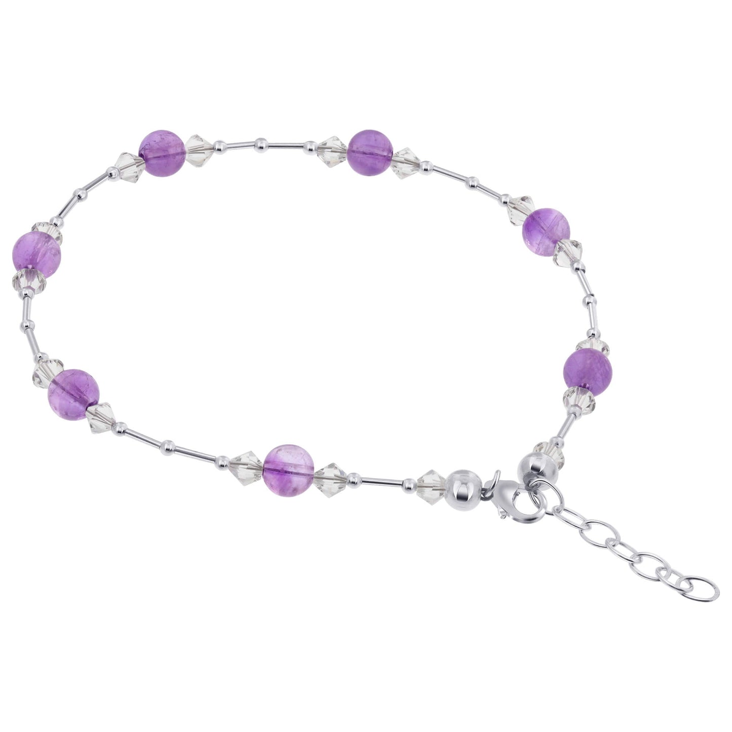 .925 Sterling Silver Anklet 9-10.5" Cat's Eye Gemstone & Austrian Crystal Adjustable Chain for Women