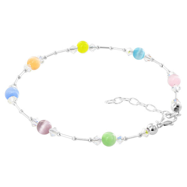 .925 Sterling Silver Anklet 9-10.5" Cat's Eye Gemstone & Austrian Crystal Adjustable Chain for Women