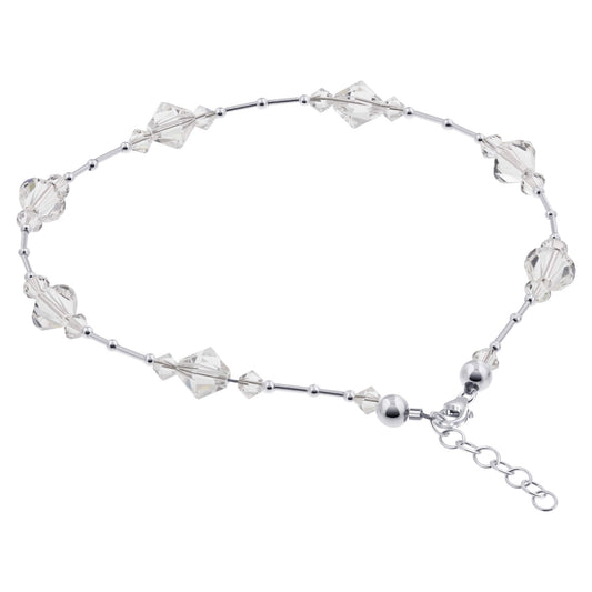 .925 Silver Anklet 9 to 10.5 Inch Long with Bicone Austrian Crystal