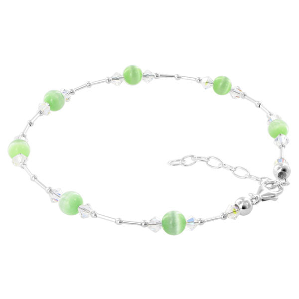 .925 Sterling Silver Anklet 9-10.5" Cat's Eye Gemstone & Austrian Crystal Adjustable Chain for Women