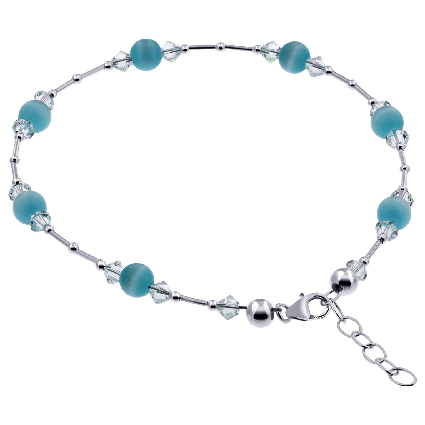 .925 Sterling Silver Anklet 9-10.5" Cat's Eye Gemstone & Austrian Crystal Adjustable Chain for Women