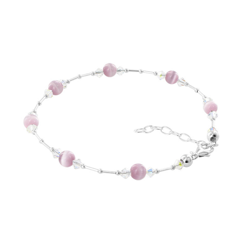 .925 Sterling Silver Anklet 9-10.5" Cat's Eye Gemstone & Austrian Crystal Adjustable Chain for Women