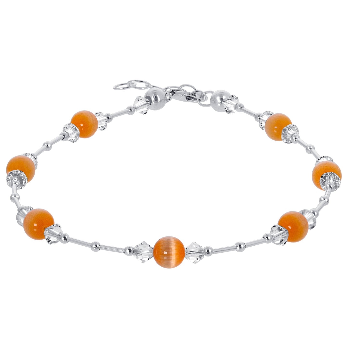 .925 Sterling Silver Anklet 9-10.5" Cat's Eye Gemstone & Austrian Crystal Adjustable Chain for Women