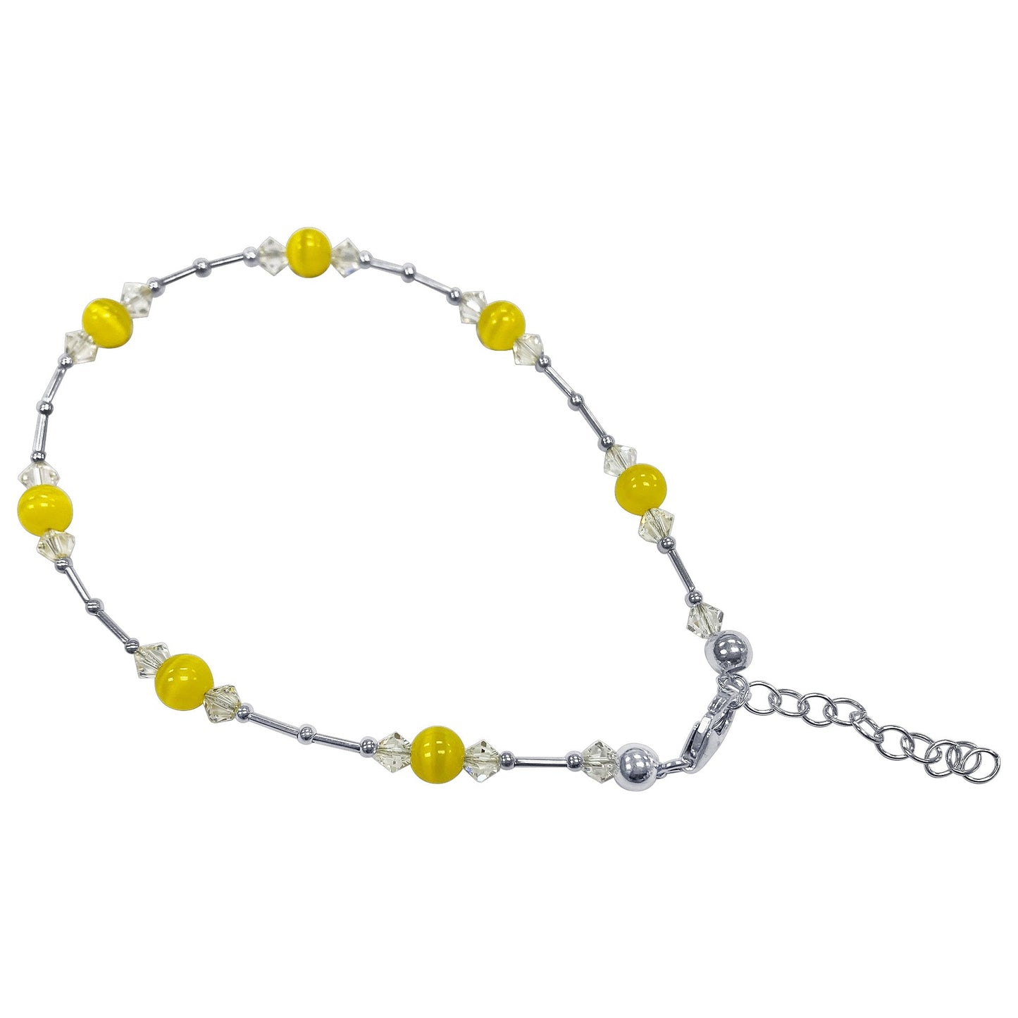.925 Sterling Silver Anklet 9-10.5" Cat's Eye Gemstone & Austrian Crystal Adjustable Chain for Women