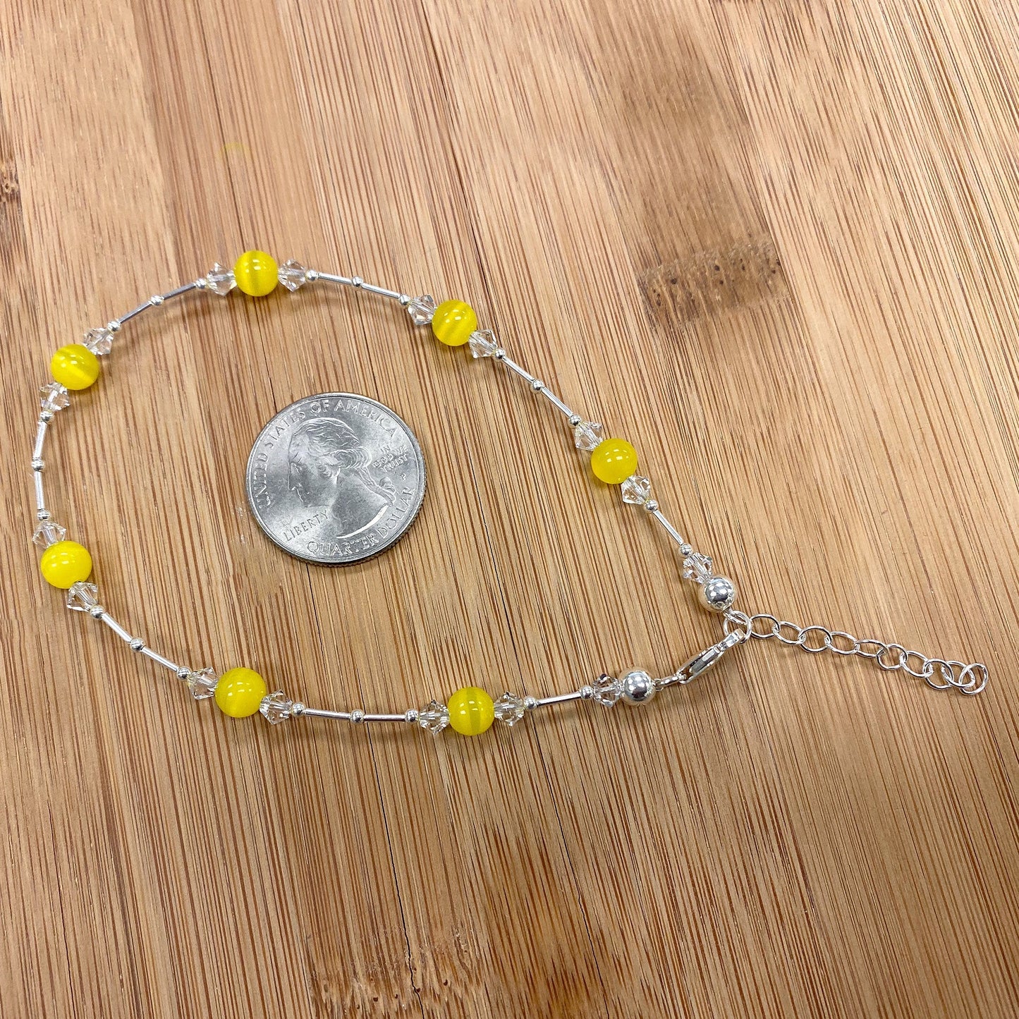 .925 Sterling Silver Anklet 9-10.5" Cat's Eye Gemstone & Austrian Crystal Adjustable Chain for Women