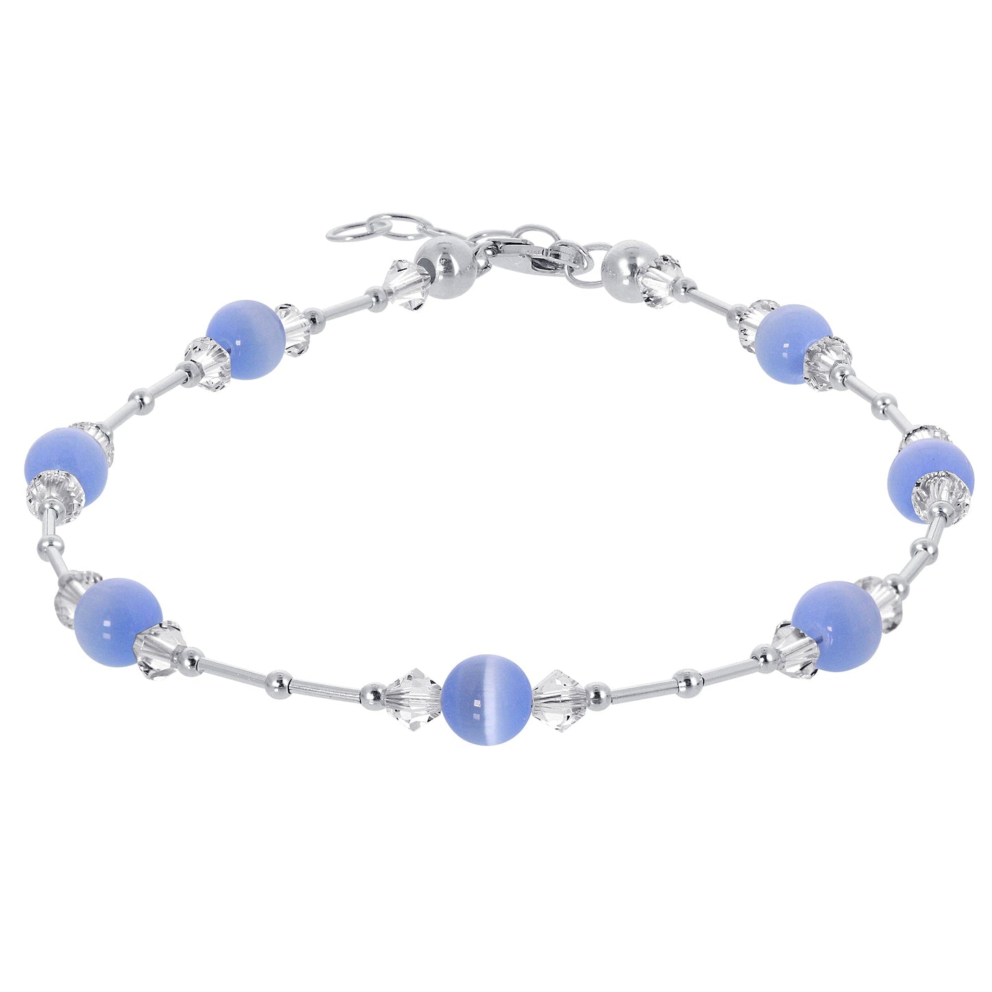 .925 Sterling Silver Anklet 9-10.5" Cat's Eye Gemstone & Austrian Crystal Adjustable Chain for Women
