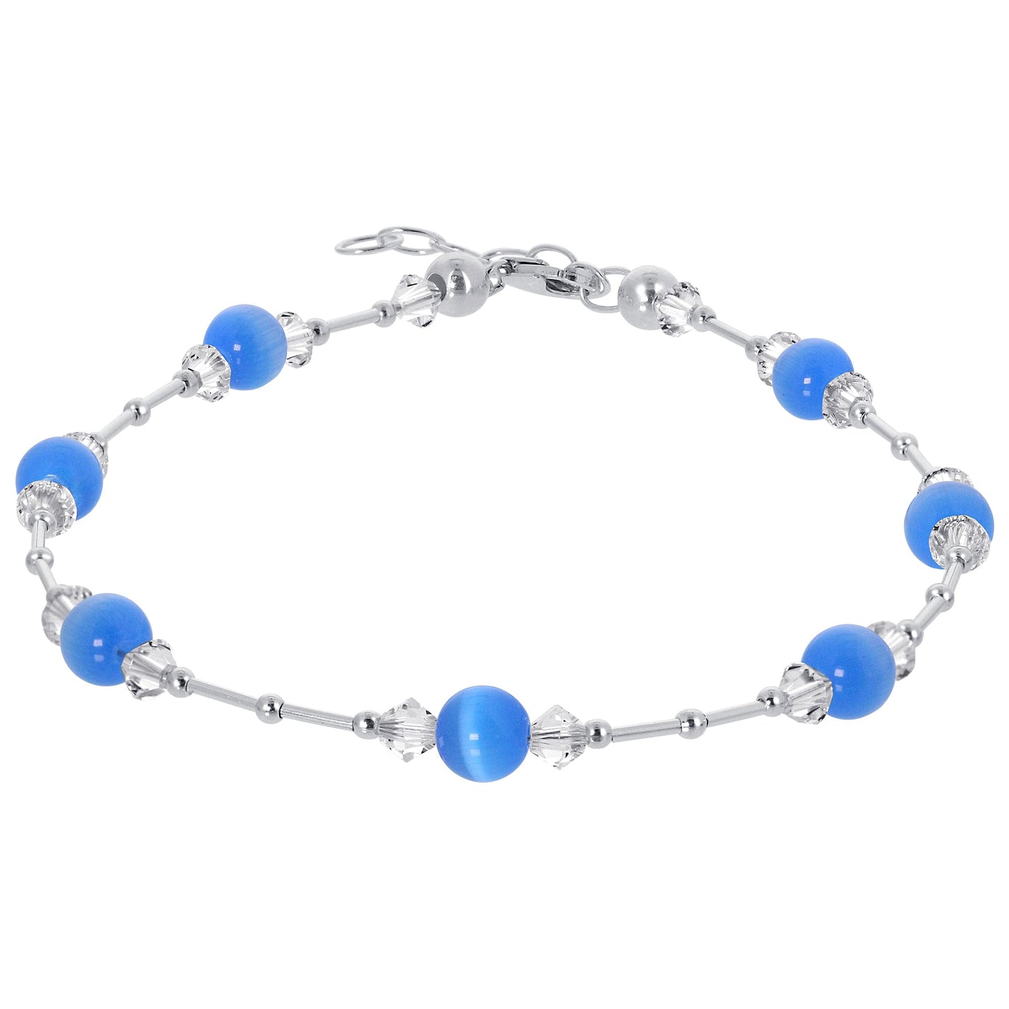 .925 Sterling Silver Anklet 9-10.5" Cat's Eye Gemstone & Austrian Crystal Adjustable Chain for Women