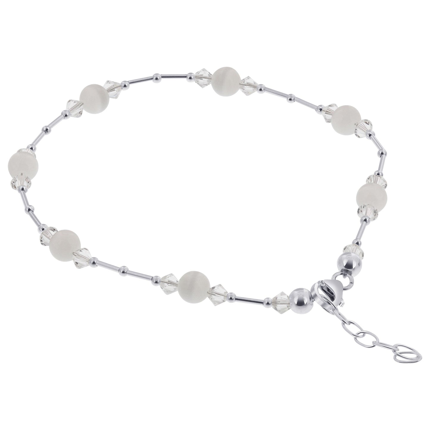 .925 Sterling Silver Anklet 9-10.5" Cat's Eye Gemstone & Austrian Crystal Adjustable Chain for Women