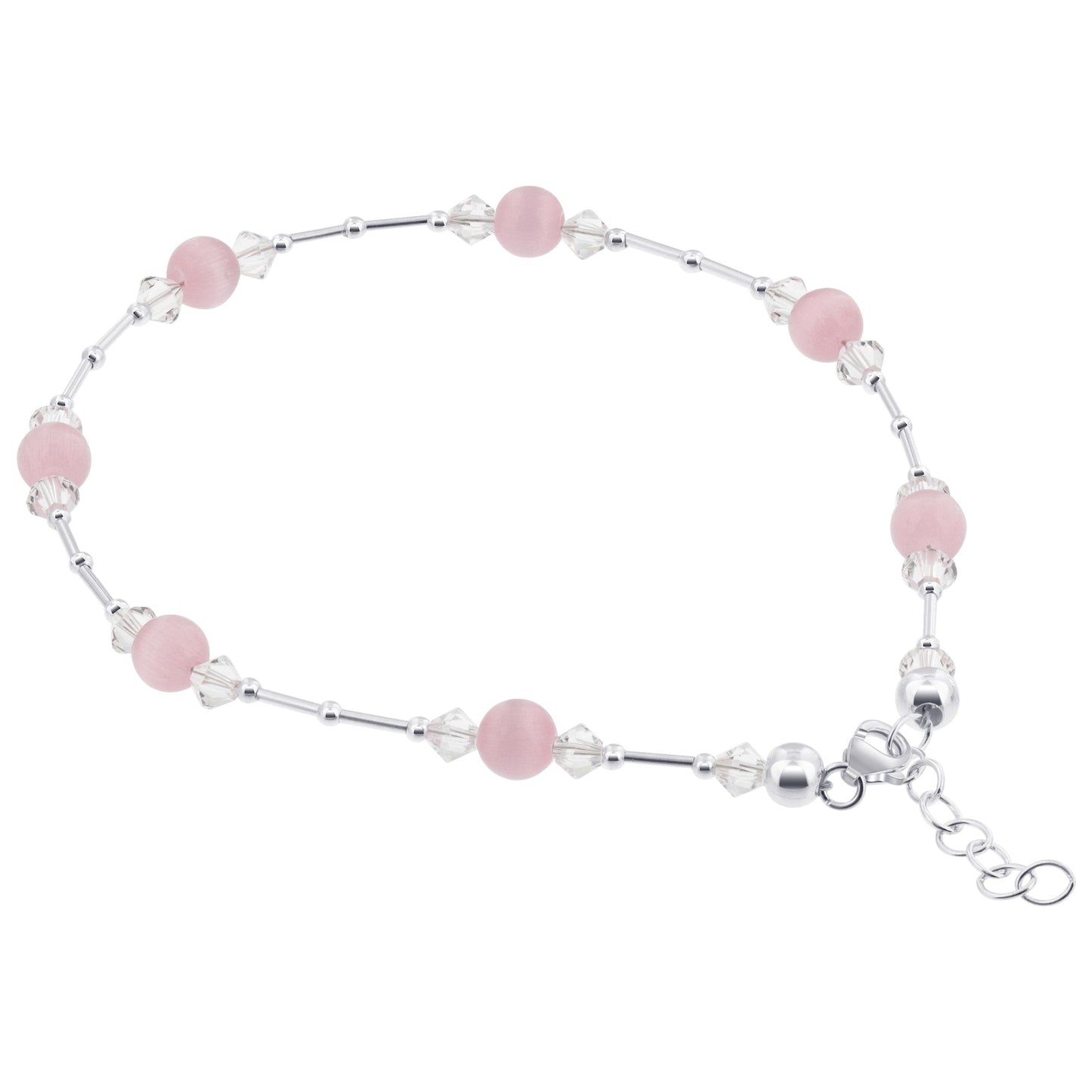 .925 Sterling Silver Anklet 9-10.5" Cat's Eye Gemstone & Austrian Crystal Adjustable Chain for Women