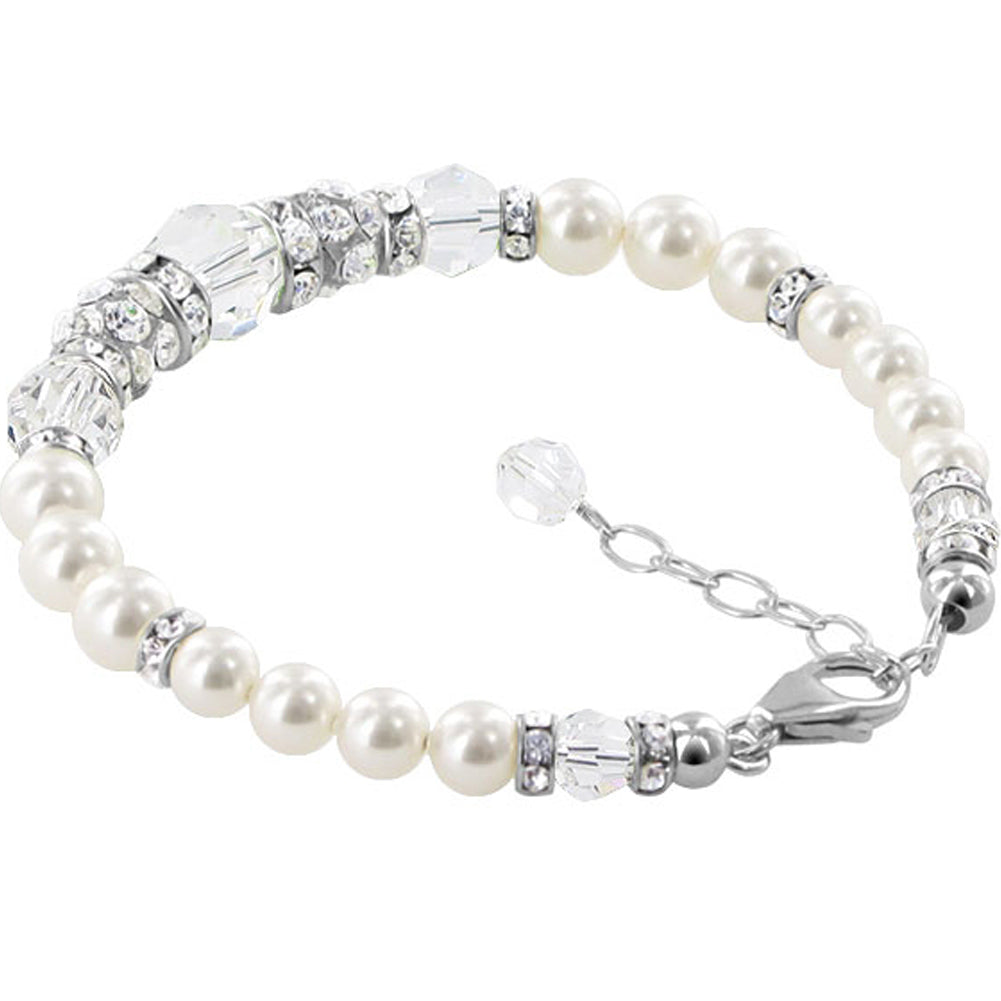 Sterling Silver 7 to 8.5 inch Bracelet with Simulated Pearls and Crystals