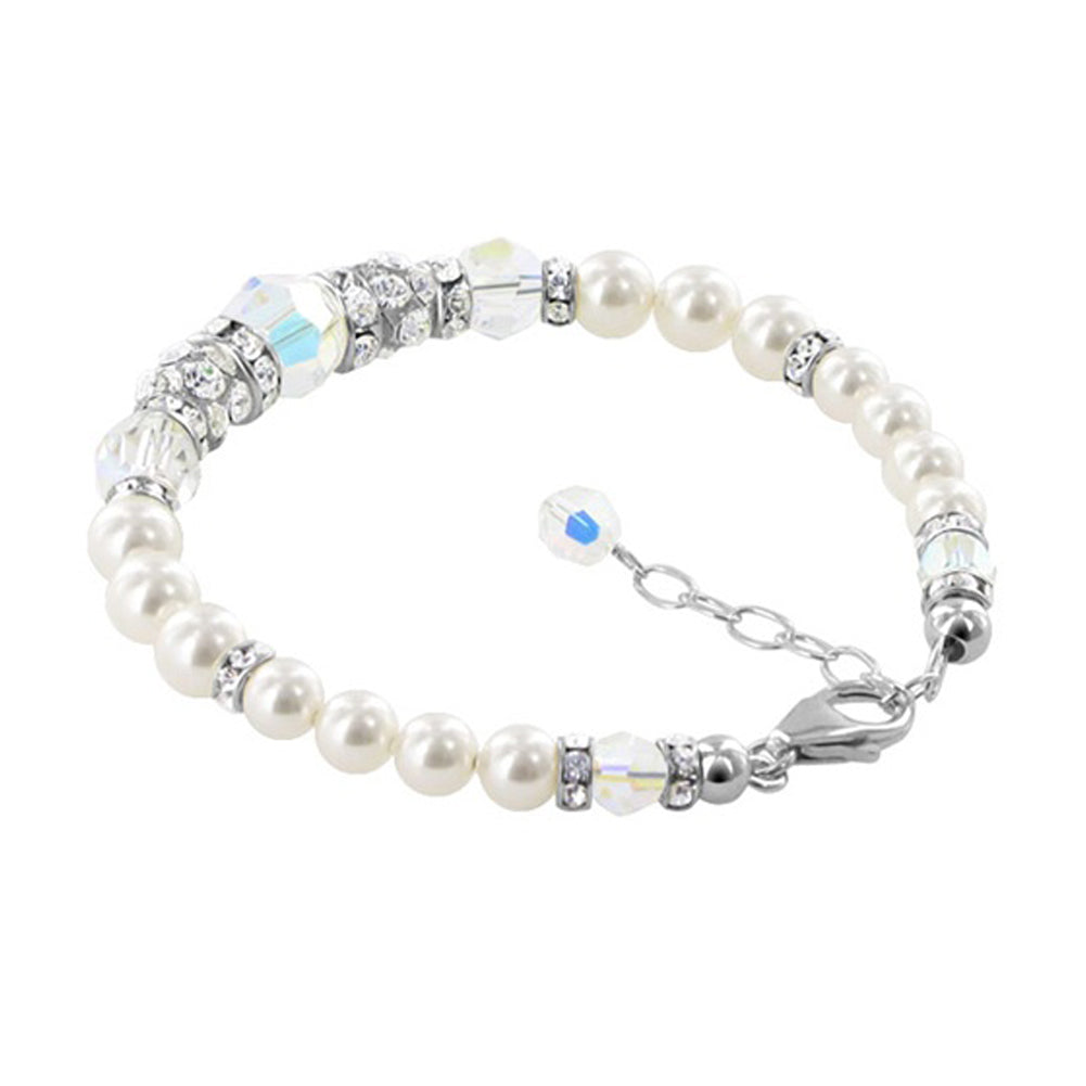 Sterling Silver 7 to 8.5 inch Bracelet with Simulated Pearls and Crystals