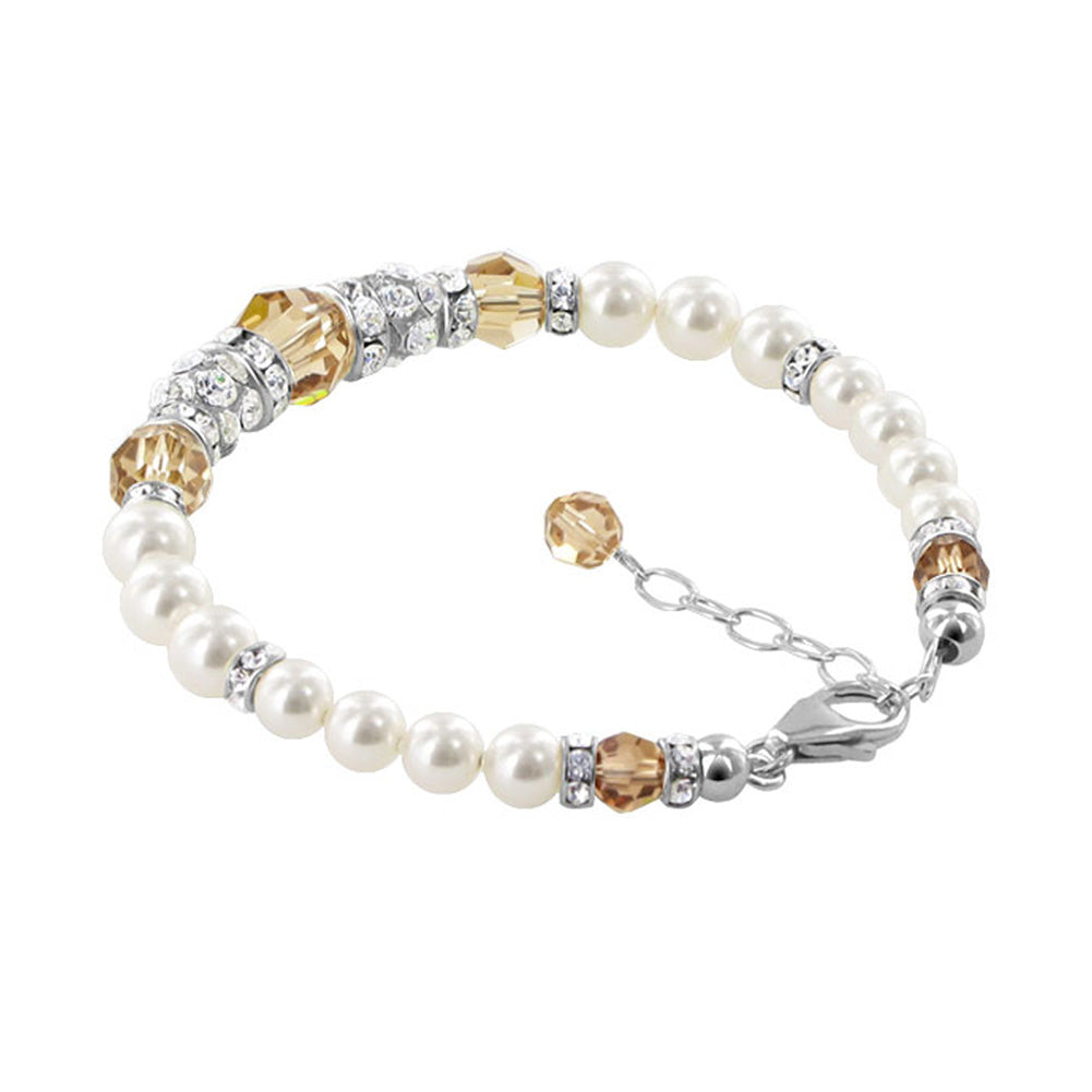 Sterling Silver 7 to 8.5 Inch Bracelet with Simulated Pearls & Crystals Elegant Jewelry - Light Brown - BHBR016