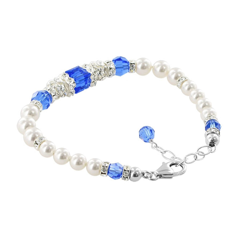 Sterling Silver 7 to 8.5 Inch Bracelet with Simulated Pearls & Crystals Elegant Jewelry - Indigo Blue - BHBR022