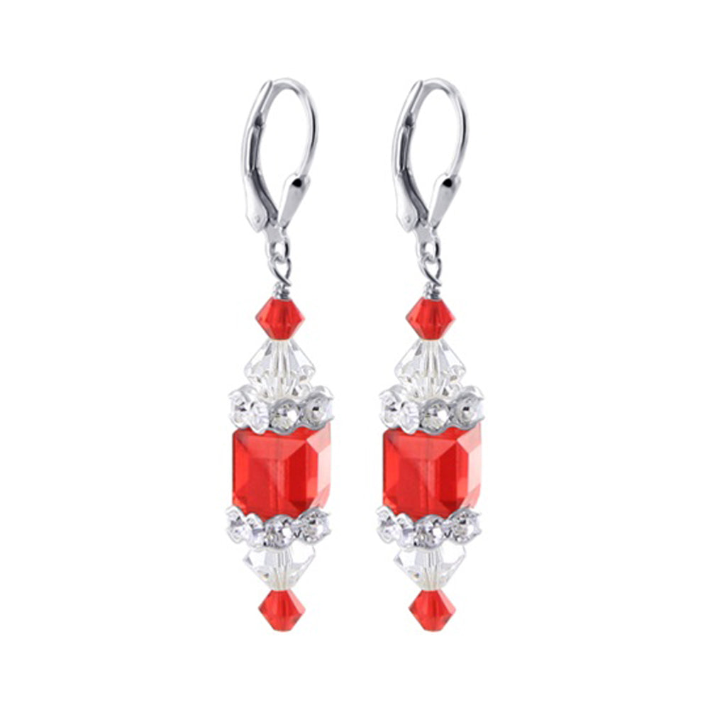 Red Cube Austrian Crystal 925 Sterling Silver Leverback Drop Earrings - Gem Avenue