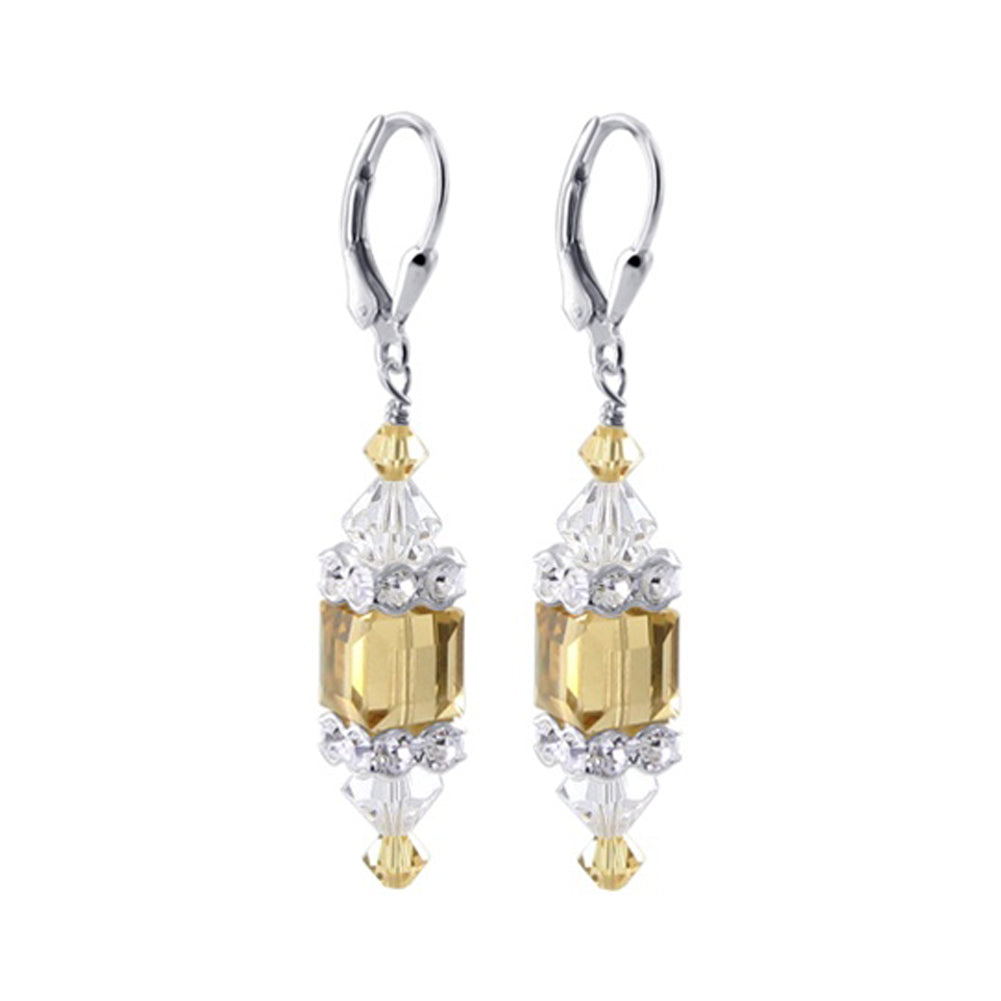 Yellow Cube Austrian Crystal 925 Sterling Silver Leverback Drop Earrings - Gem Avenue