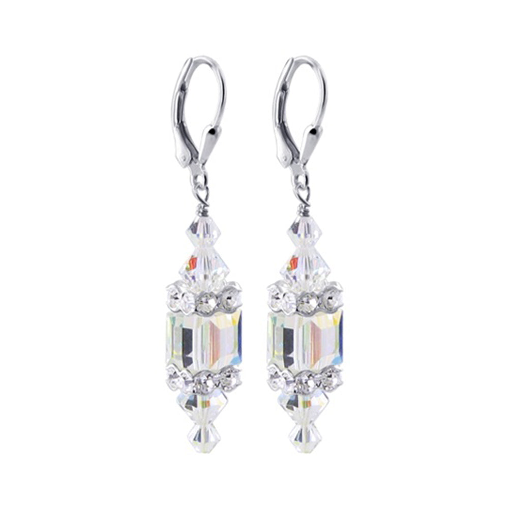 Clear AB Cube Austrian Crystal 925 Sterling Silver Leverback Drop Earrings - Gem Avenue