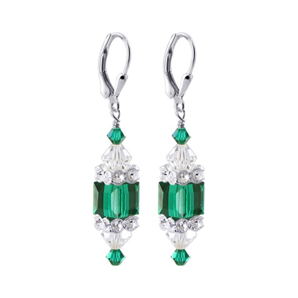 Dark Green Cube Austrian Crystal 925 Sterling Silver Leverback Drop Earrings - Gem Avenue