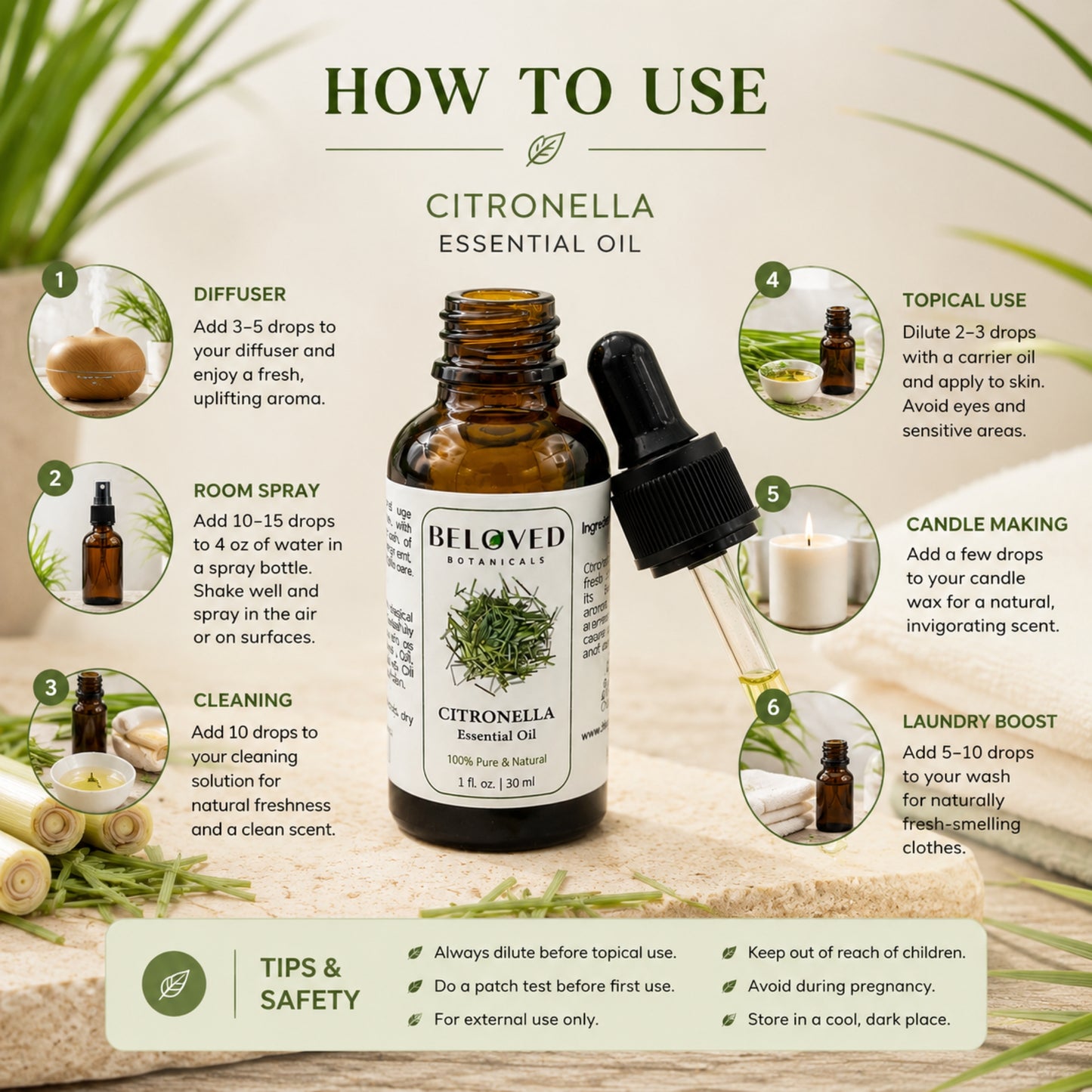 Beloved Botanicals Citronella Essential Oil 30ml (1 Fl Oz) 100% Pure & Natural Aromatherapy Oil for Diffuser, Home Fragrance, Massage & DIY Blend