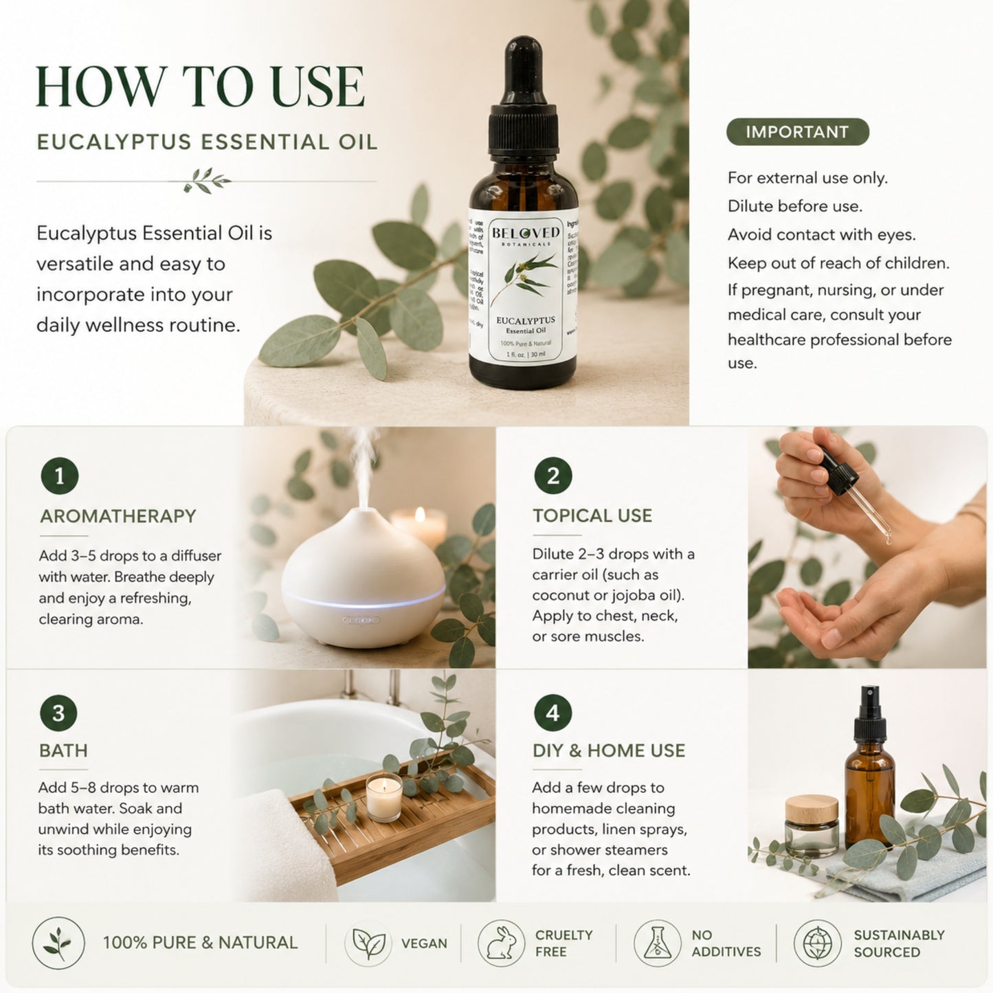Beloved Botanicals Eucalyptus Essential Oil 30ml (1 Fl Oz) 100% Pure & Natural Aromatherapy Oil for Diffuser, Massage, Humidifier, Spa & DIY Blends Eucalyptus globulus
