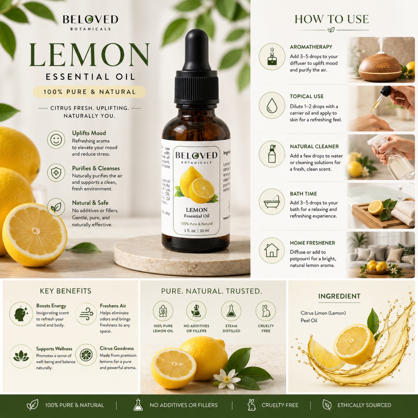 Beloved Botanicals Lemon Essential Oil 30ml (1 Fl Oz) 100% Pure & Natural Citrus Limon Oil for Aromatherapy, Diffuser, Massage, Home Fragrance, Skin Care & DIY Blends