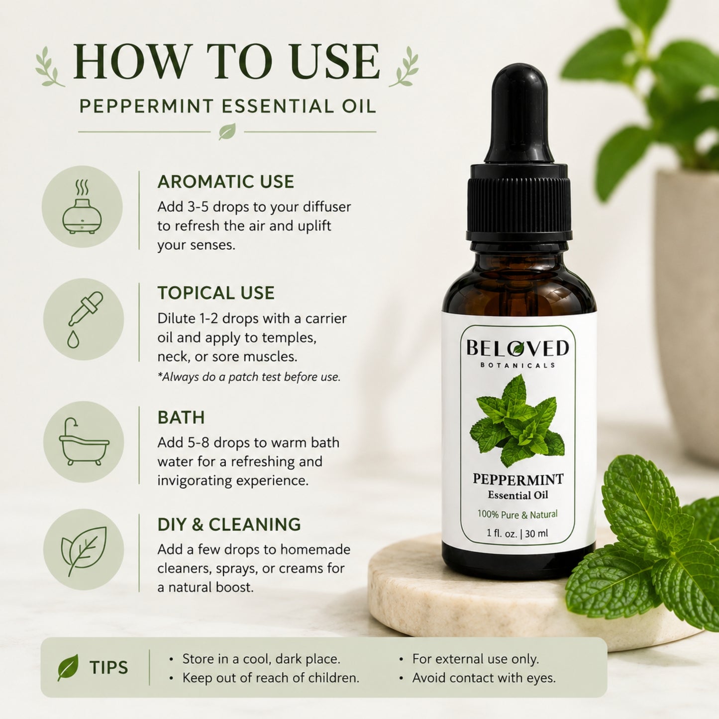 Beloved Botanicals Peppermint Essential Oil 30ml (1 Fl Oz) 100% Pure & Natural Mentha Piperita Oil for Aromatherapy, Diffuser, Massage, Home Fragrance & DIY Blends