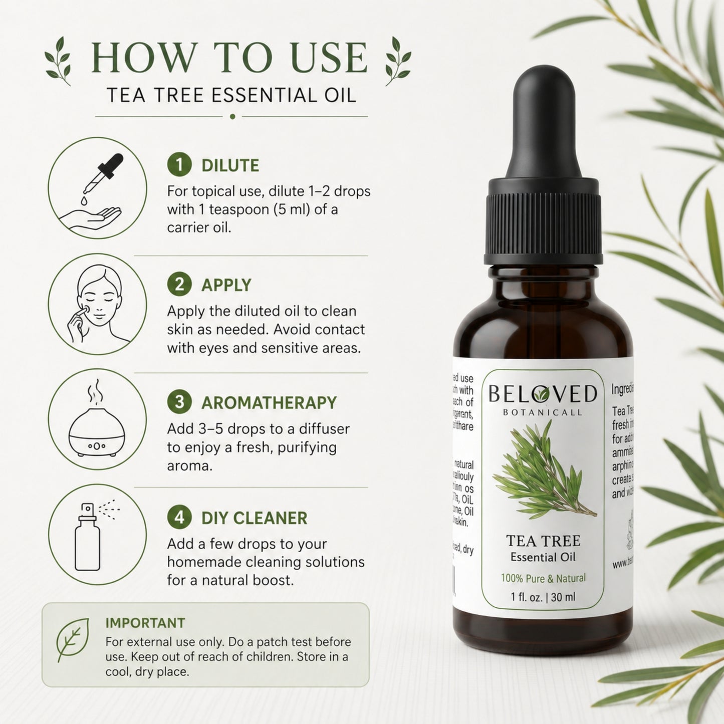 Beloved Botanicals Tea Tree Essential Oil 30ml (1 Fl Oz) 100% Pure & Natural Melaleuca alternifolia Oil for Aromatherapy, Diffusers, Skincare, Hair Care, DIY Soap & Candle Making