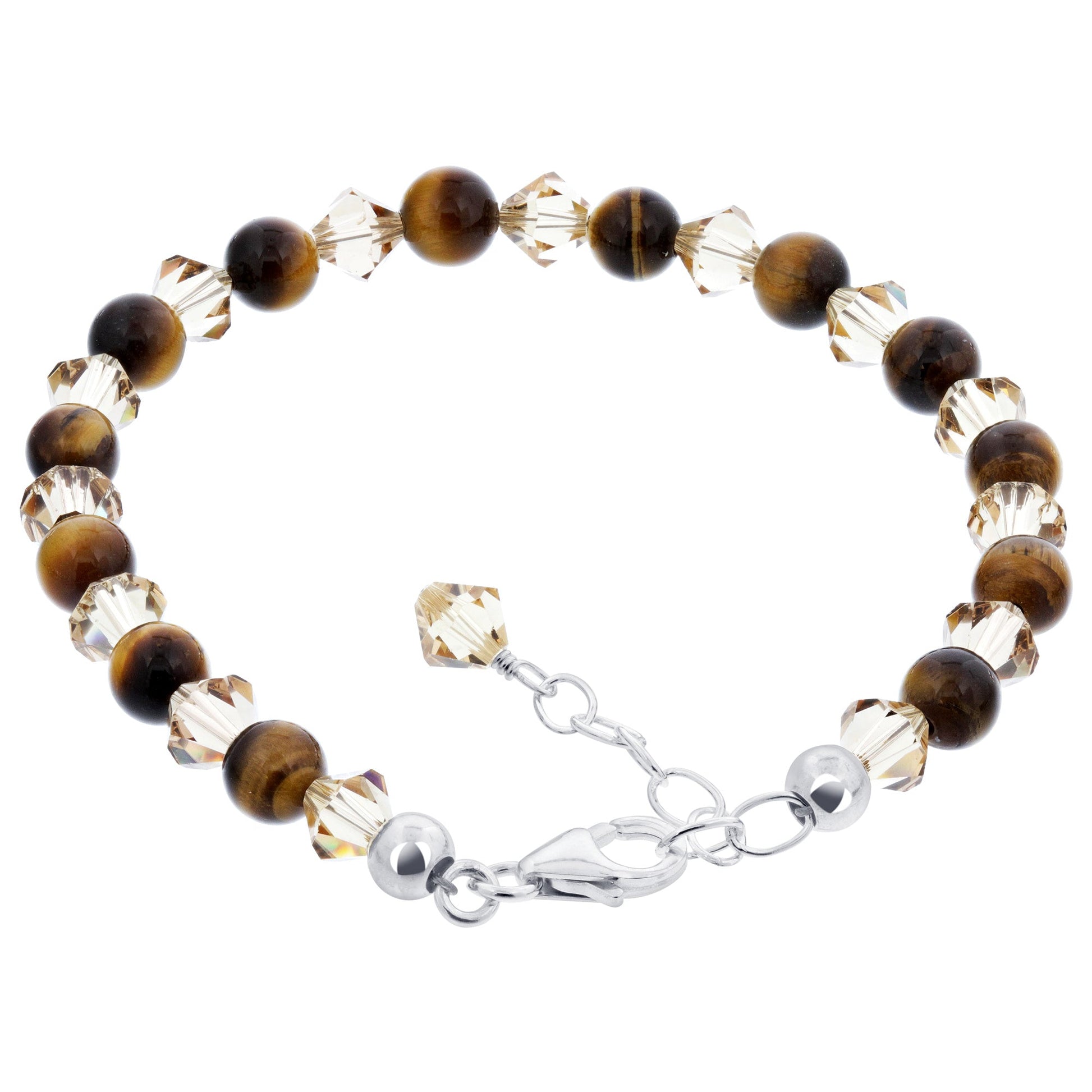 Brown Tiger eye With Austrian Crystals 925 Sterling Silver lobster clasp Bracelet - Gem Avenue