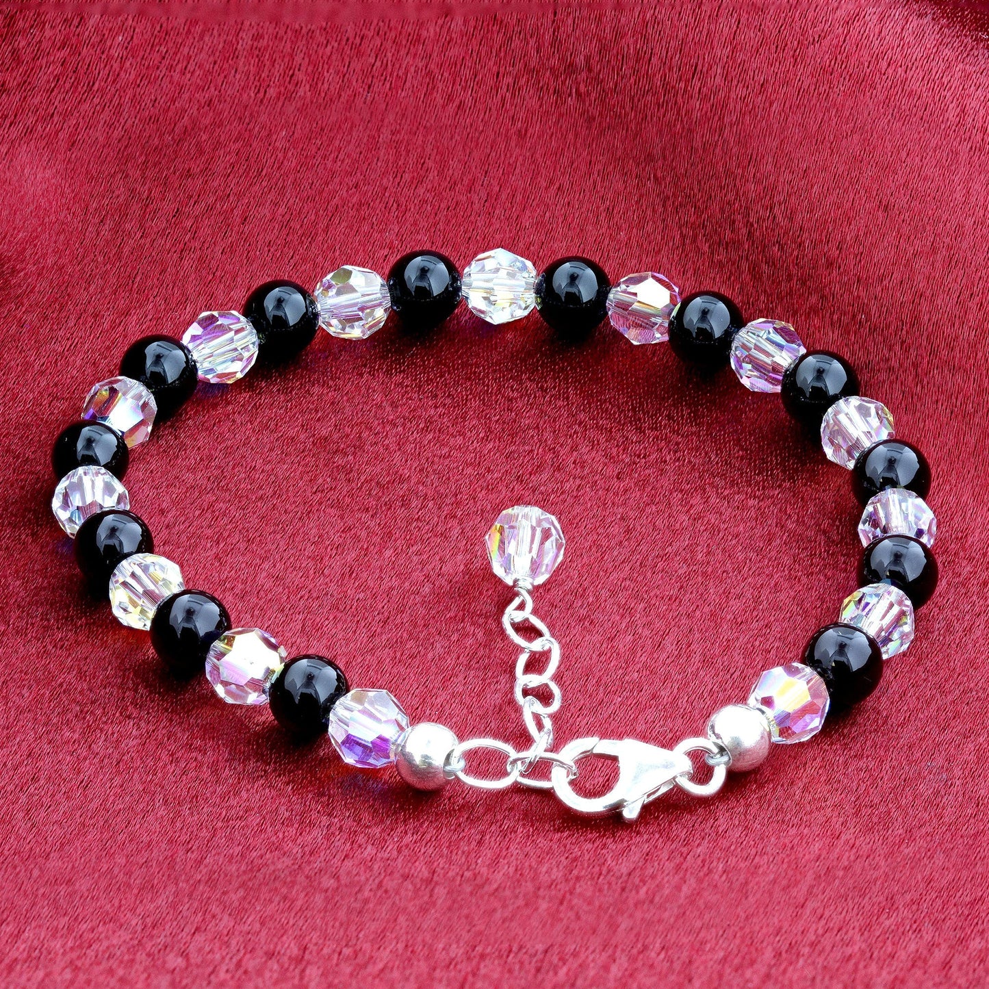 Gemstone Beads and Austrian Crystals 925 Sterling Silver Bracelet