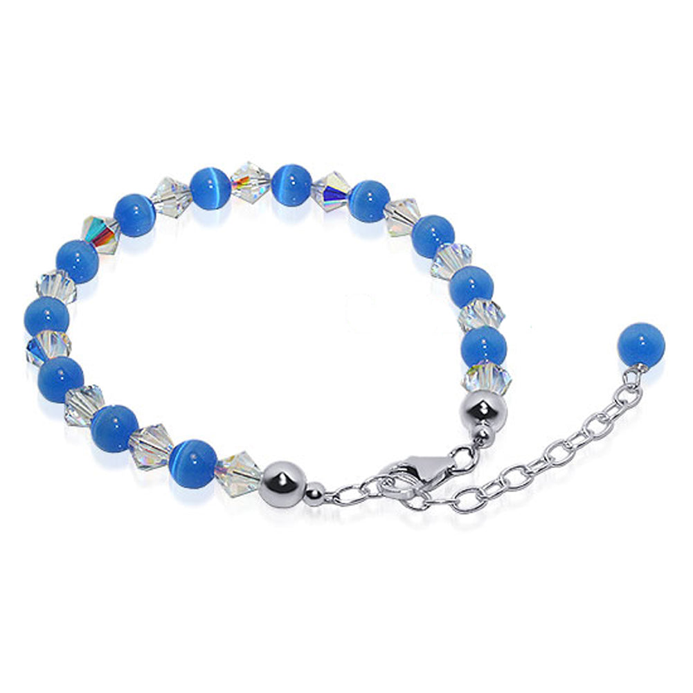 Blue Cats Eye and Austrian Crystals 925 Sterling Silver lobster clasp Bracelet - Gem Avenue