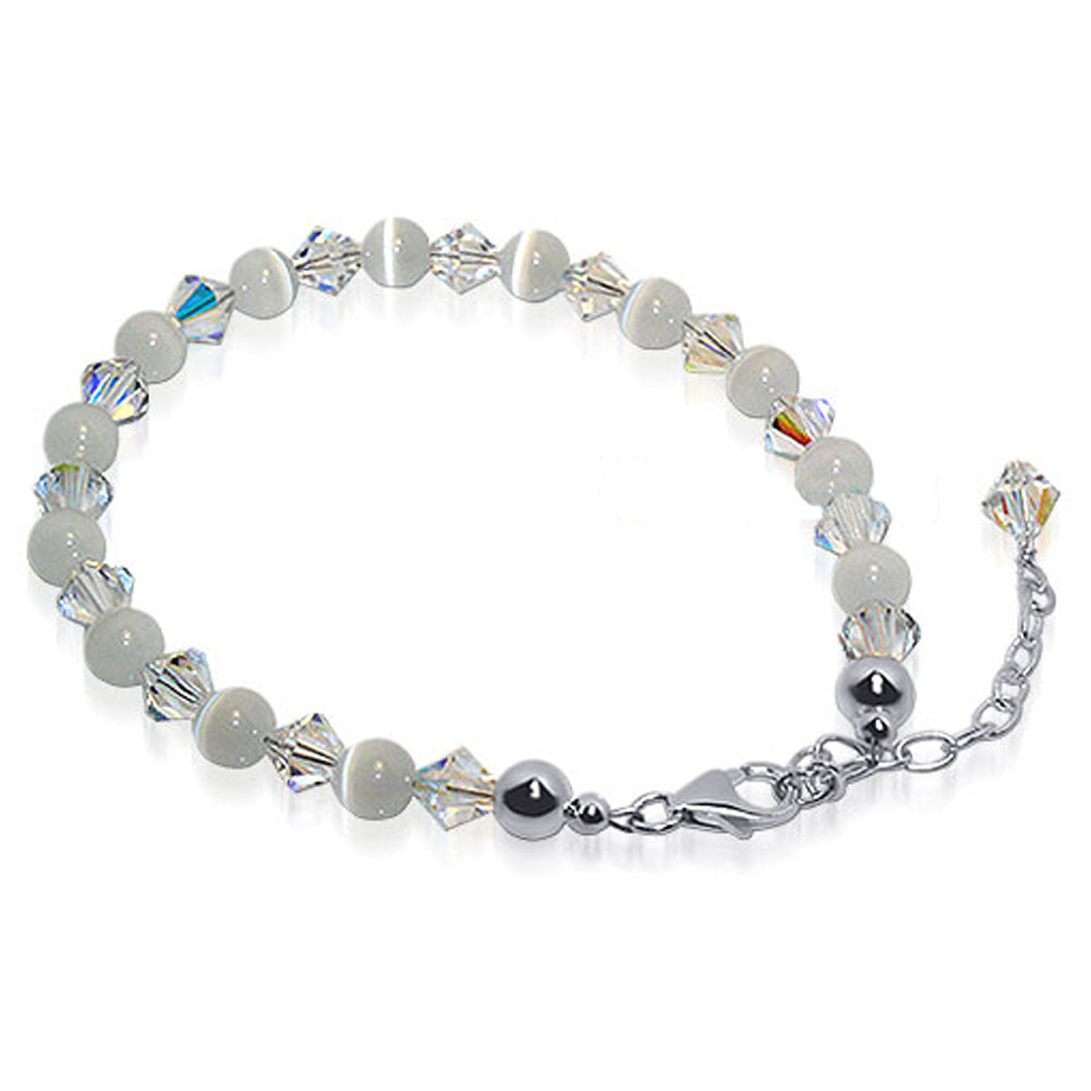 White Cats Eye and Austrian Crystals 925 Sterling Silver lobster clasp Bracelet - Gem Avenue