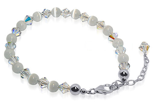 Gemstone Beads & Austrian Crystals Bracelet 925 Sterling Silver Elegant Jewelry - White - GABS017