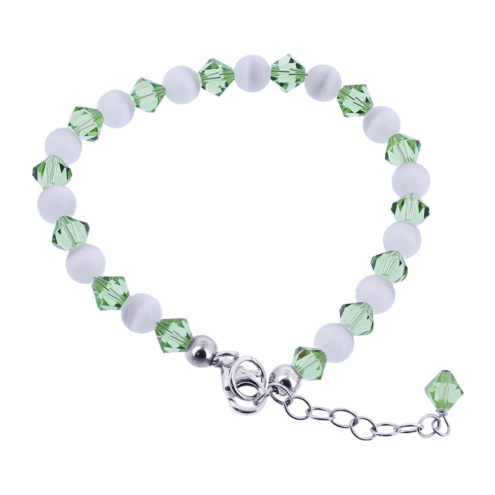 White Cats Eye and Green Austrian Crystals 925 Sterling Silver lobster clasp Bracelet - Gem Avenue