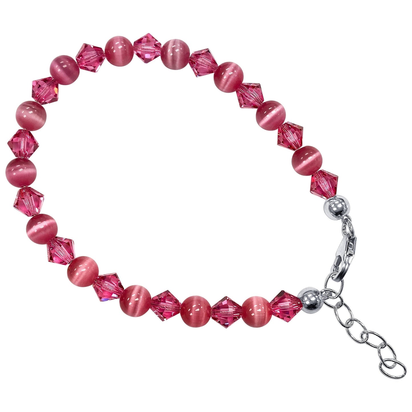 Pink Cats Eye & Austrian Crystals 925 Sterling Silver lobster clasp Bracelet - Gem Avenue