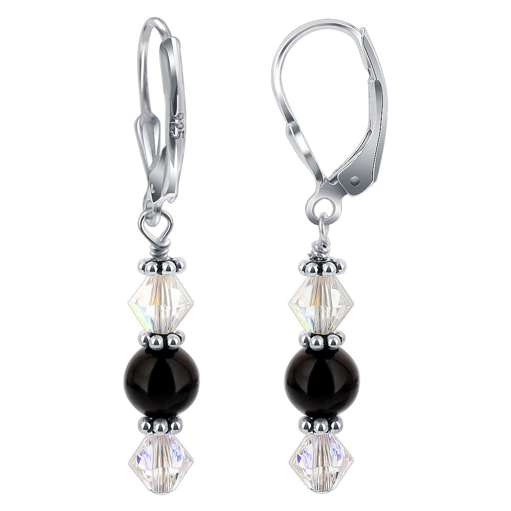 Black Onyx Austrian Crystal 925 Sterling Silver Leverback Drop Earrings - Gem Avenue