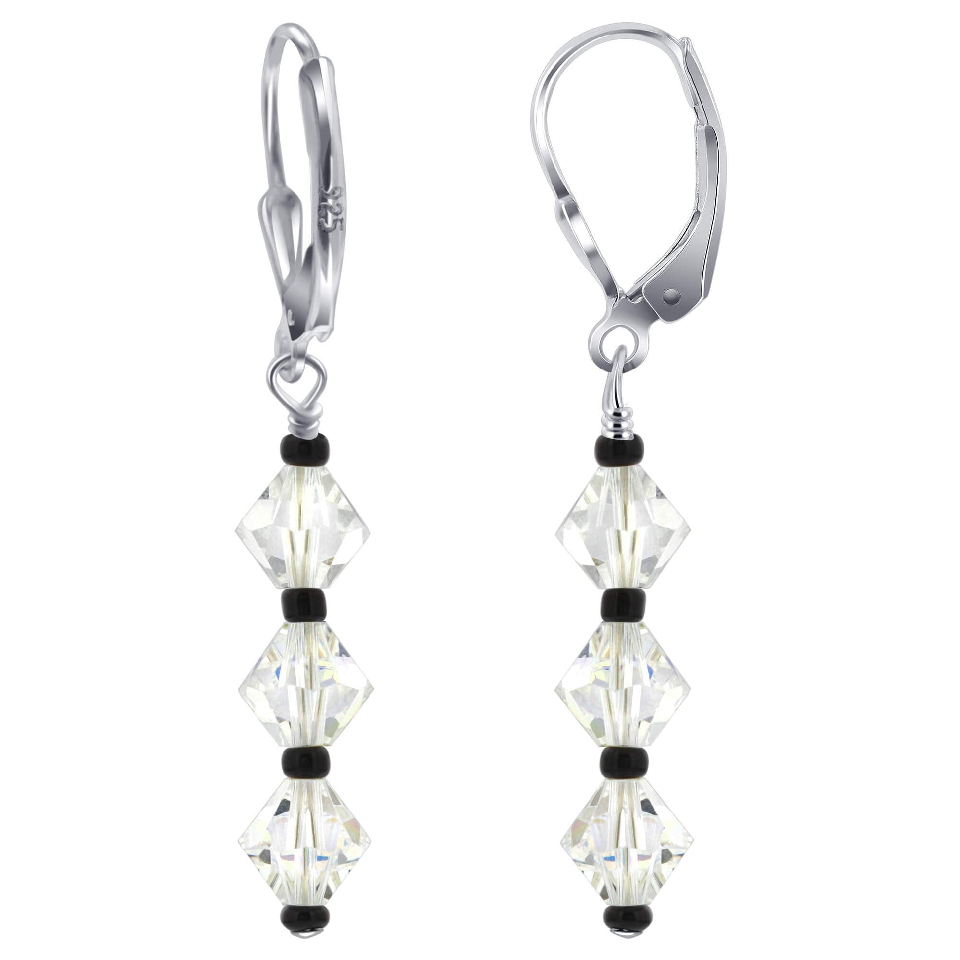 Clear AB Austrian Crystals 925 Sterling Silver Leverback Drop Earrings - Gem Avenue