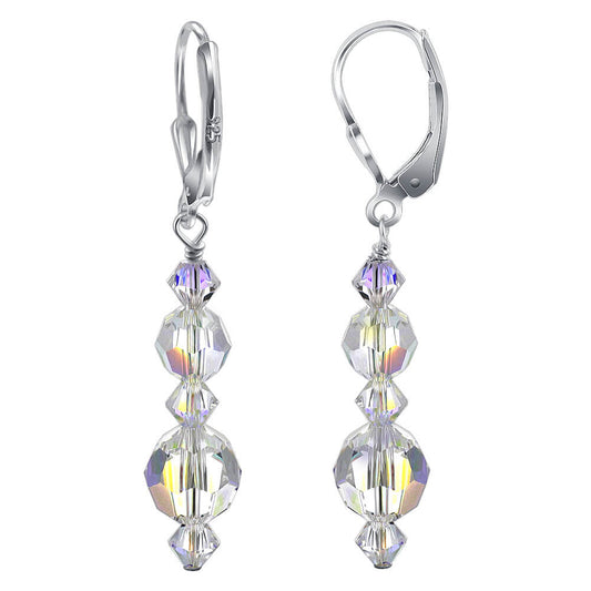Clear AB Austrian Crystals 925 Sterling Silver Leverback Drop Earrings - Gem Avenue