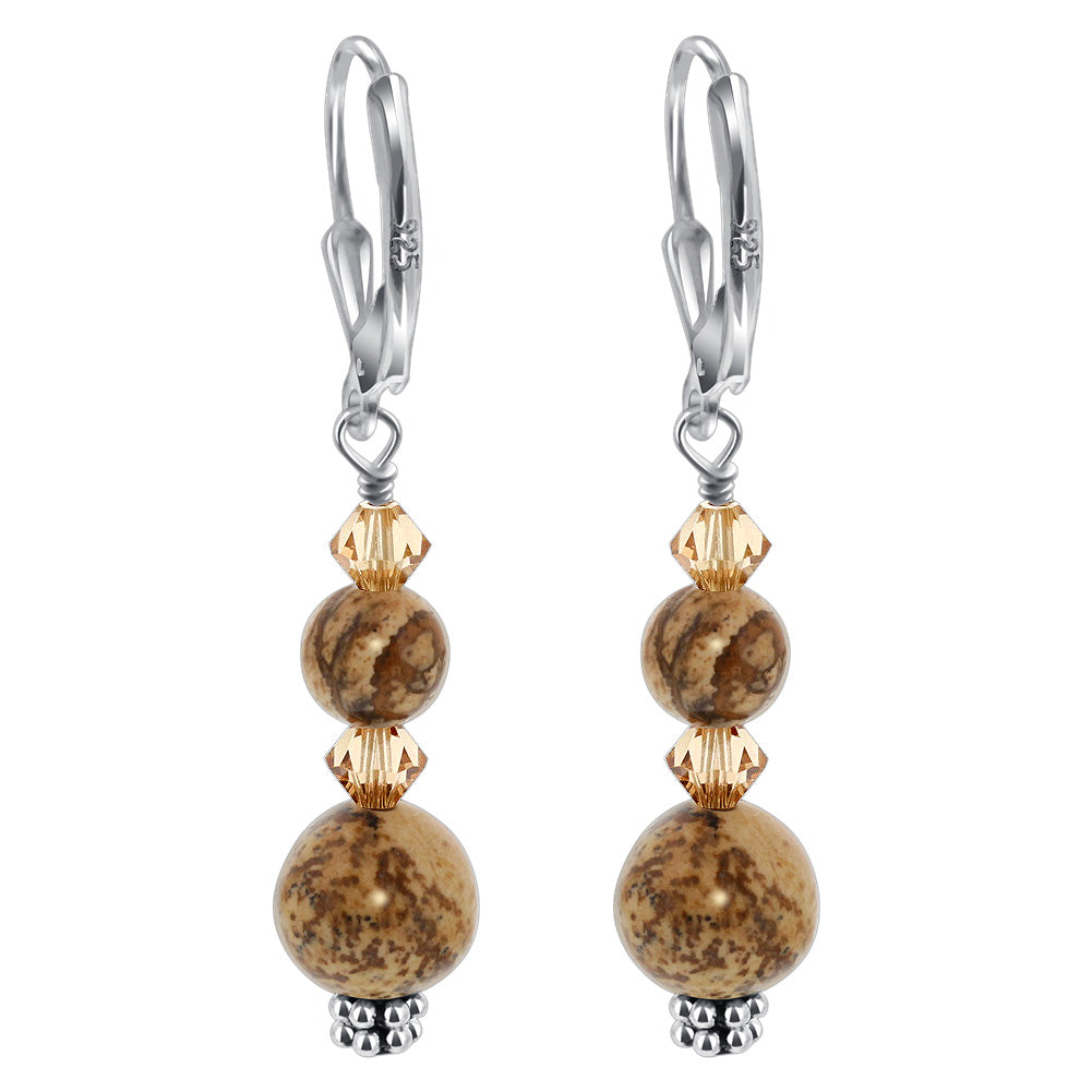 Picture Jasper with Brown Austrian Crystalsl 925 Sterling Silver Drop Earrings - Gem Avenue