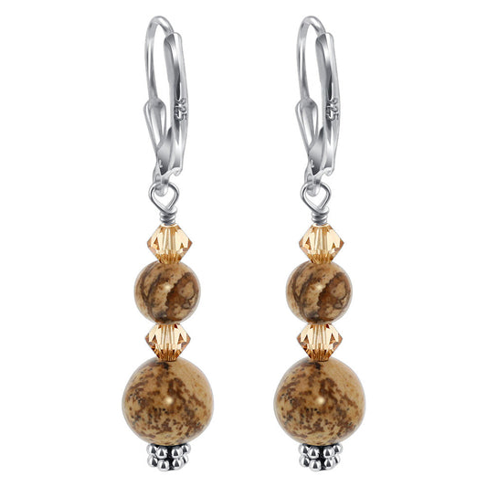 Picture Jasper with Brown Austrian Crystalsl 925 Sterling Silver Drop Earrings - Gem Avenue