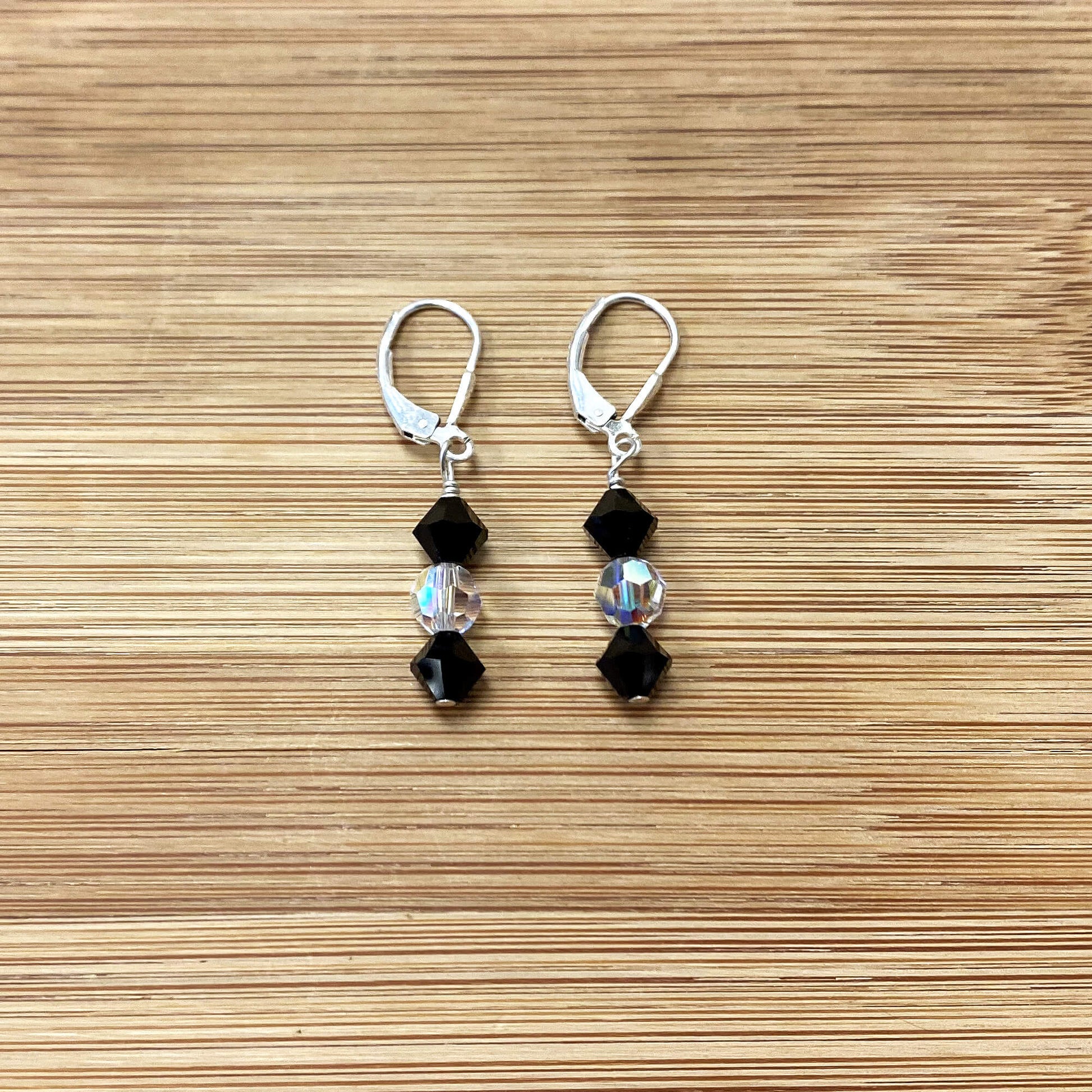 Black and Clear AB Round Austrian Crystals 925 Sterling Silver Drop Earrings - Gem Avenue