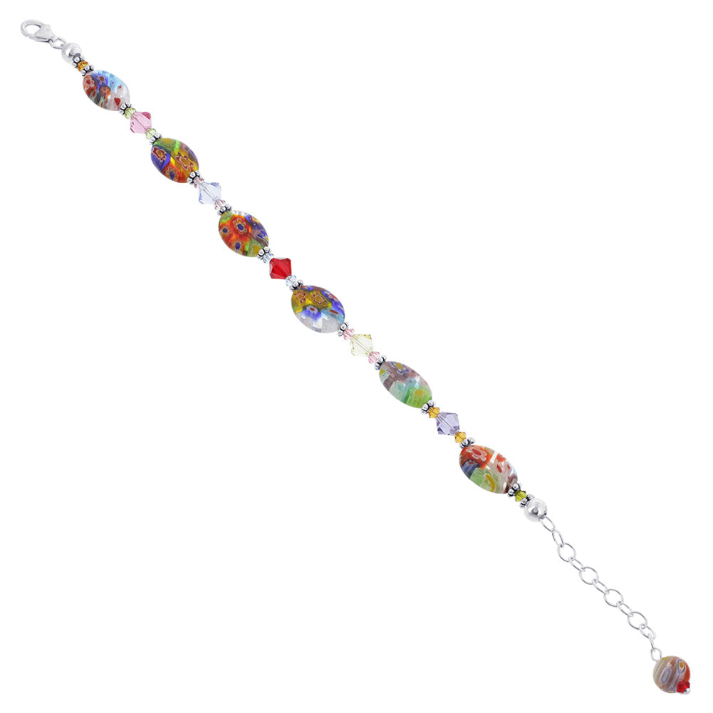 .925 Sterling Silver Bracelet with Austrian Crystals and Colorful Millefiori Glass Elegant Handmade Jewelry - Blue & Green
