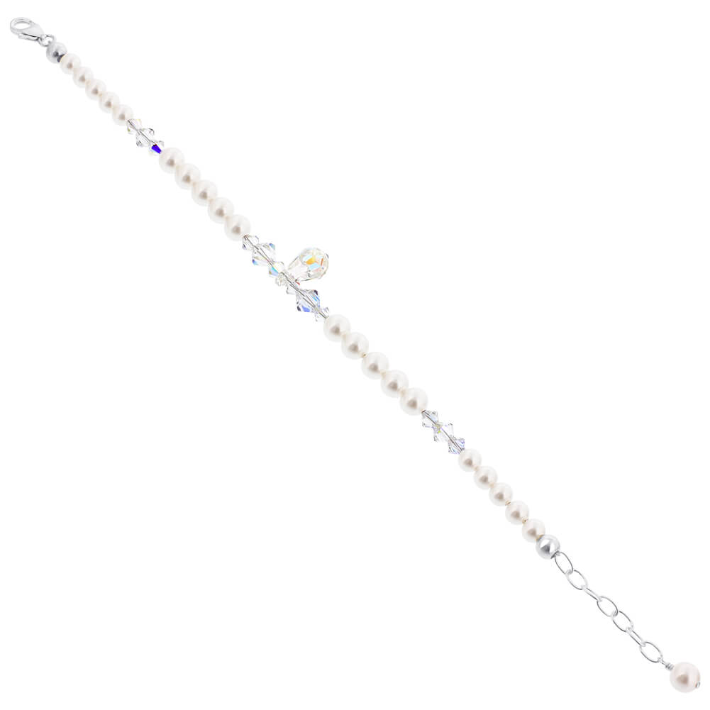 White Pearl Clear Austrian Crystals 9 inch 925 Sterling Silver Bracelet - Gem Avenue